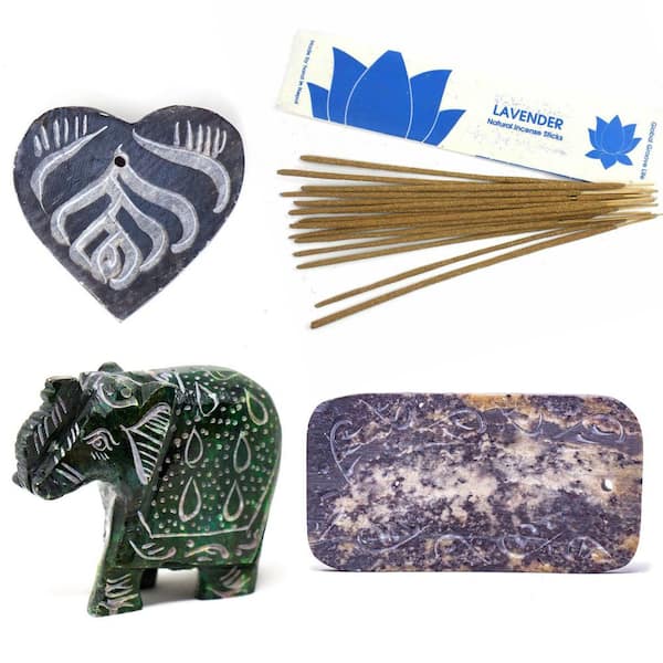 Global Crafts Collection of Soapstone Incense Holders and Lavender