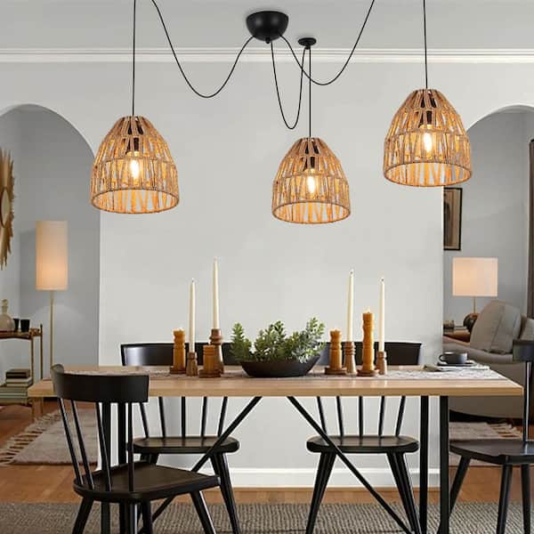 Kitchen Island 6.7 in. Plug in 3 Lights Rope Pendant Lamp with Cage Shade, Adjustable Height Chandelier, E26 Base