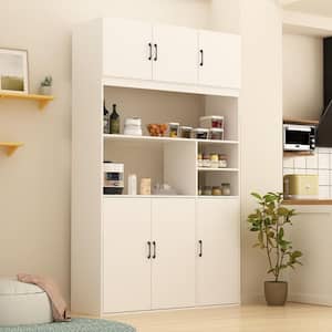 White Wooden Sideboard, Food Pantry, Wine Cabinet, Storage Cabinet with 4 Cabinet and 4 Open Shelves