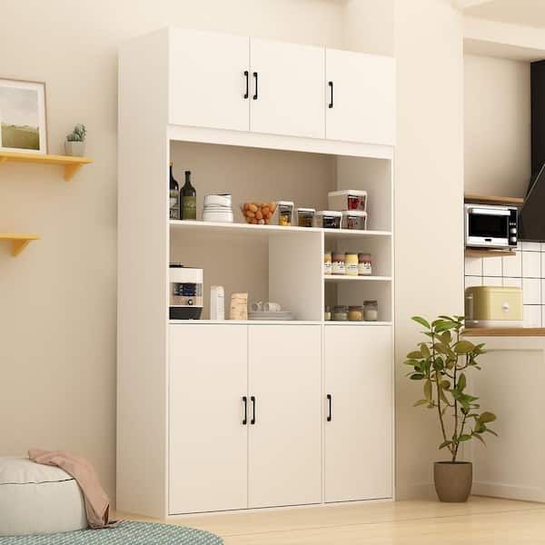 FUFU&GAGA White Wooden Sideboard, Food Pantry, Wine Cabinet, Storage Cabinet with 4 Cabinet and 4 Open Shelves