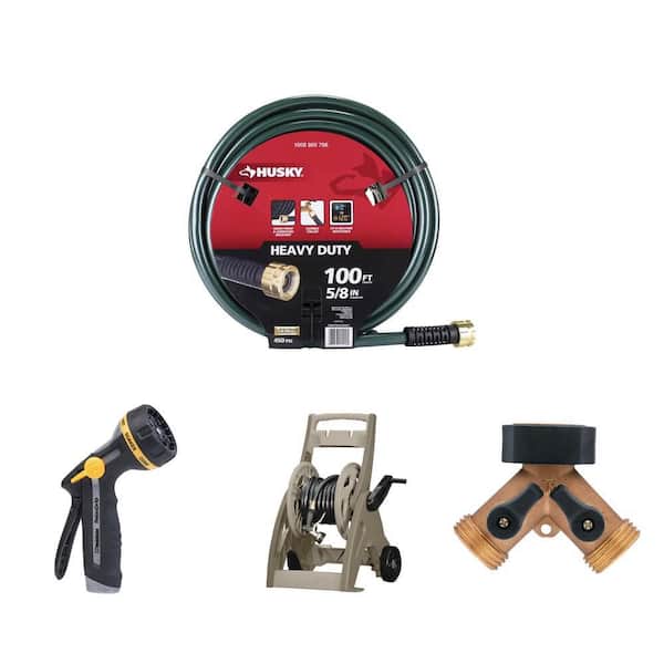 Heavy-Duty Hose Reel Cart, 5/8 in. x 100 ft. Hose, Adjustable Nozzle and Brass 2-Way Faucet Adapter Combo