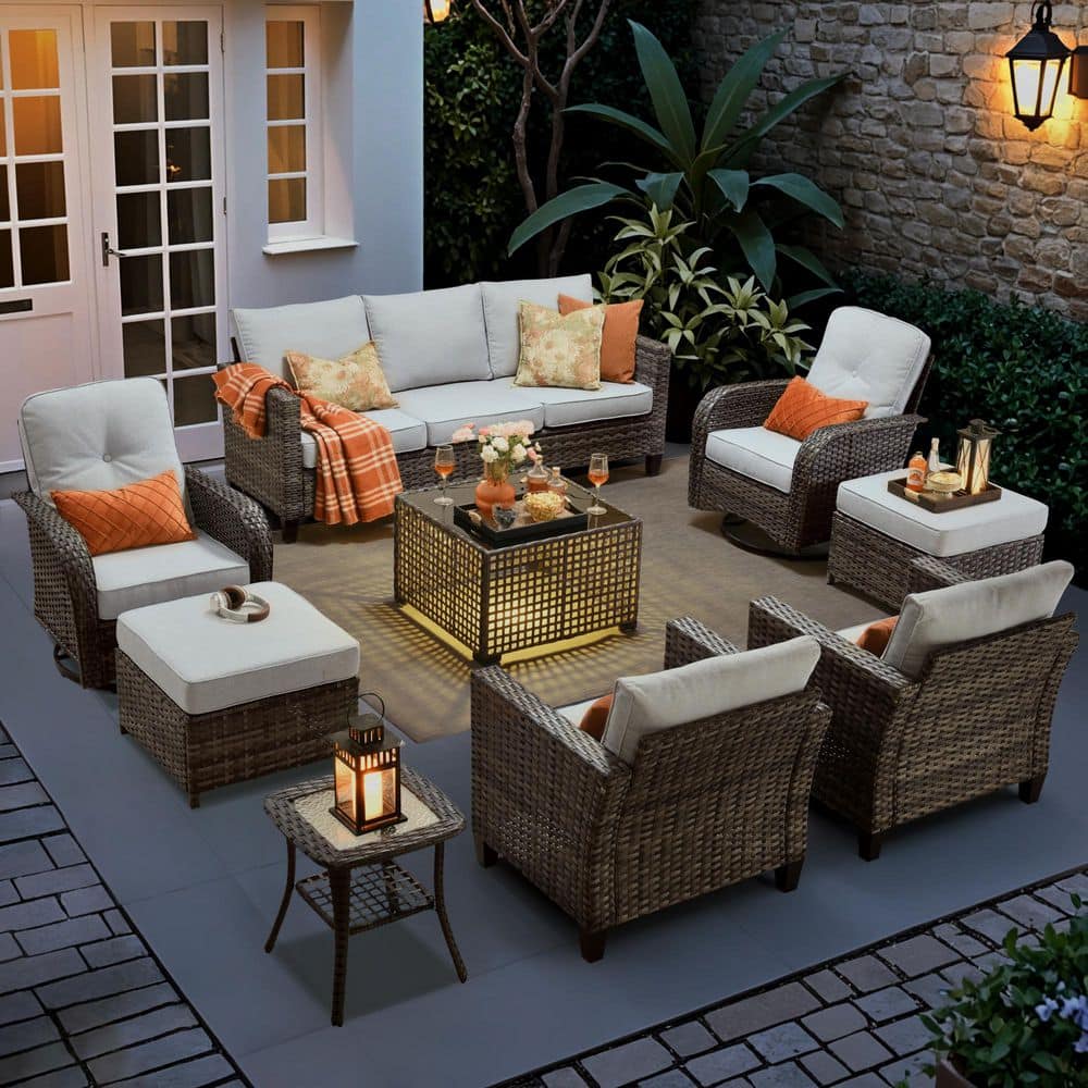 New Vultros Gray 9-Piece Wicker Patio Conversation Set with Gray Cushions and Solar LED Coffee Table price history on PriceWatchPro