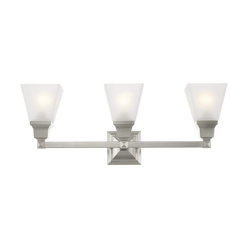 Brushed Nickel 3-Light Bathroom Vanity with Satin Glass Shades