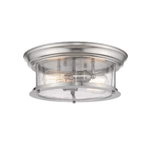 14 in. 2-Light Brushed Nickel Flush Mount with Clear Seedy Shade