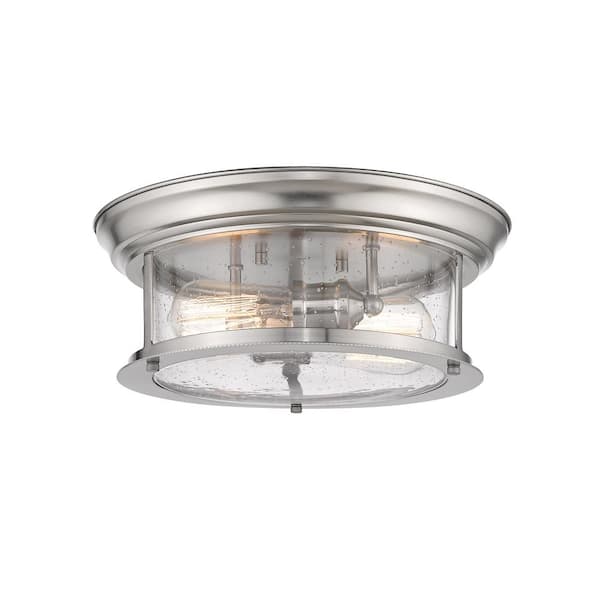 Unbranded 14 in. 2-Light Brushed Nickel Flush Mount with Clear Seedy Shade