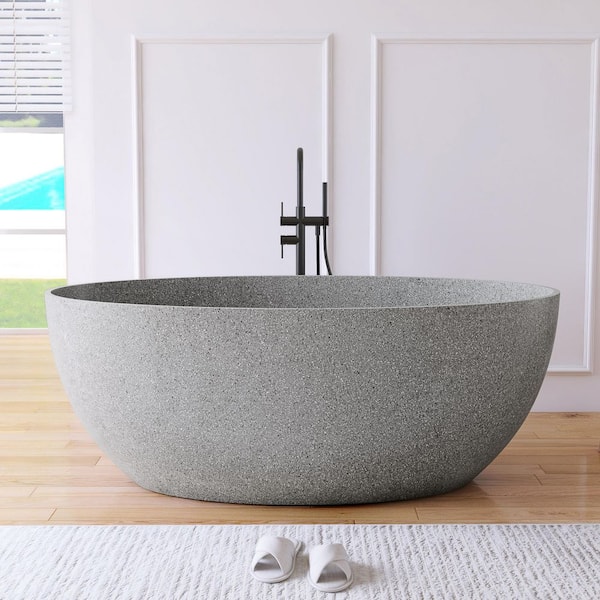 63 in. x 31 in. Terrazzo Stone Solid Surface Flatbottom Freestanding Soaking Bathtub in Gray