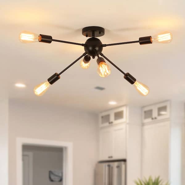 LWYTJO Doloros 6-Light 24.6 in. Black Dimmable Sputnik Sphere Chandelier Kitchen Semi Flush Mount Ceiling Starburst Light