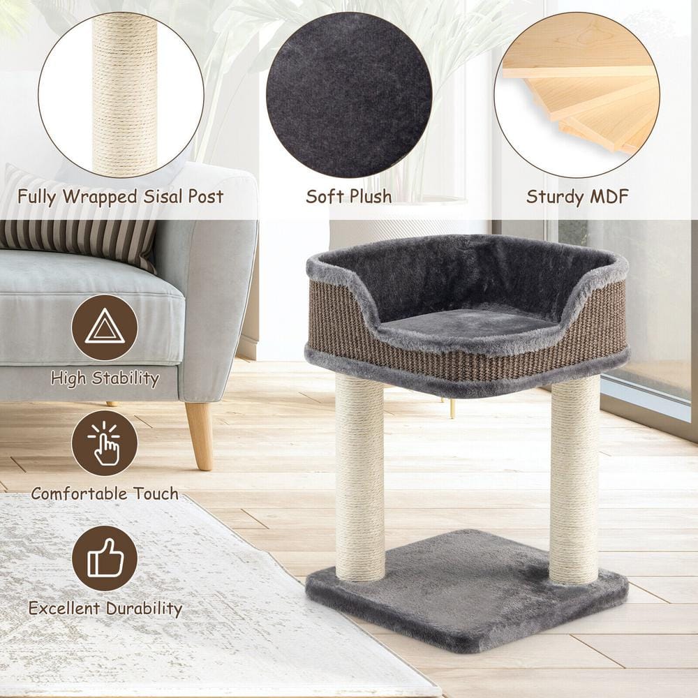 Gray Plush and Sisal Freestanding Cat Tree with Perch
