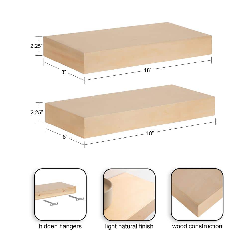 Natural Wood Floating Shelves Set of 2, 18 x 8