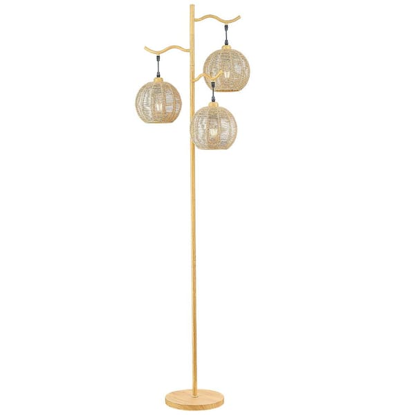 ZACHVO 65 in. Wood Rustic Tree 3 Light Floor Lamp for Living Room with Handwoven Paper Twine Cages Shade
