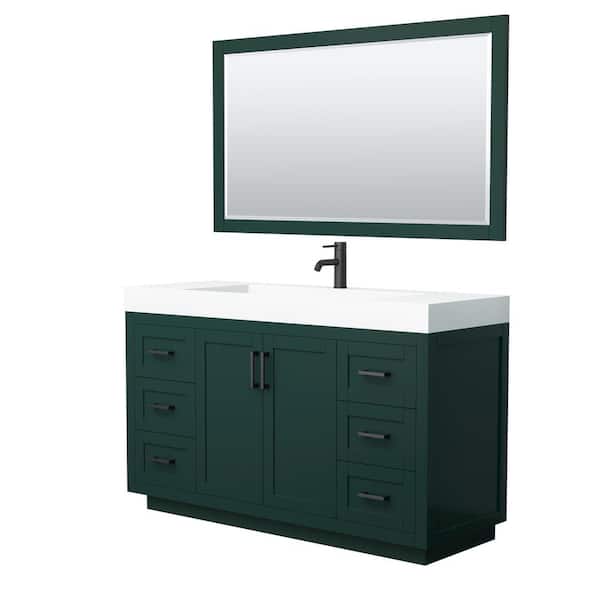 Wyndham Collection Miranda 59.5 in. W x 21.75 in. D x 37 in. H Single Sink Bath Vanity in Green with Matte White Solid Surface Top & Mirror