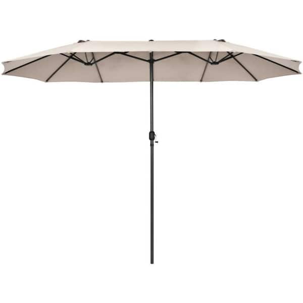 15 ft. Iron Market Double-Sided Twin Patio Umbrella with Hand-Crank System in Beige