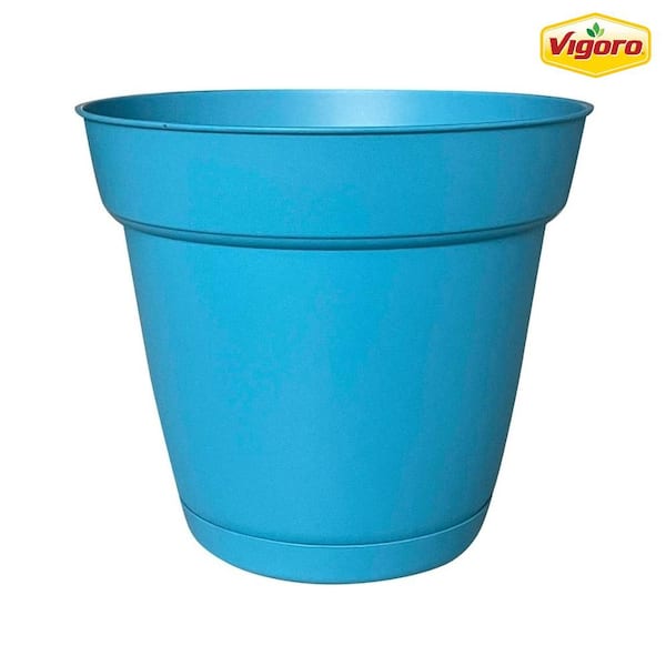Vigoro 8 in. Bea Small Azure Blue Resin Planter (8 in. D x 7.1 in. H) With Drainage Hole and Attached Saucer