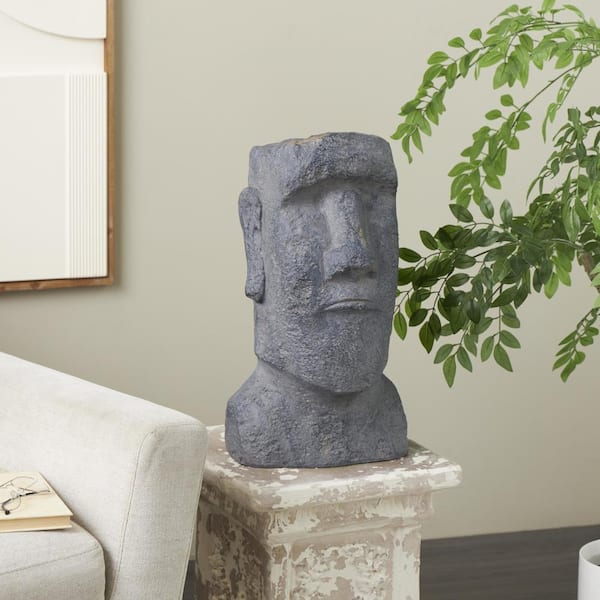 Litton Lane 21 x 11 x 11 in. Large Black Magnesium Oxide People Distressed Textured Easter Island Head Planter with Gold Accents