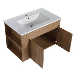 30 in. W x 18 in. D x 20 in. H Floating Bathroom Vanity in Imitative Oak with White Cultured Marble Top