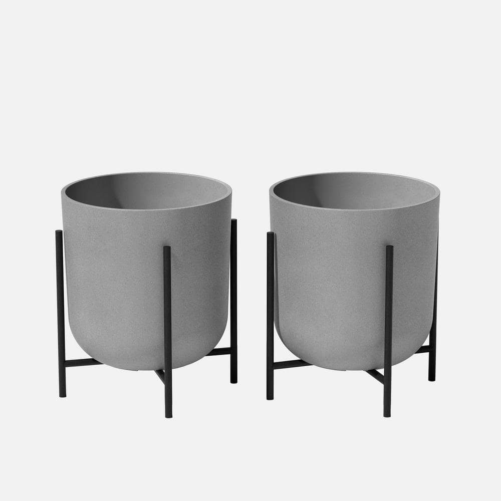 Kona Medium Gray Plastic Round Planter with Black Stand and Drainage Holes (15 in. L x 15 in. W x 18.5 in. H) (2-Pack) price history on PriceWatchPro