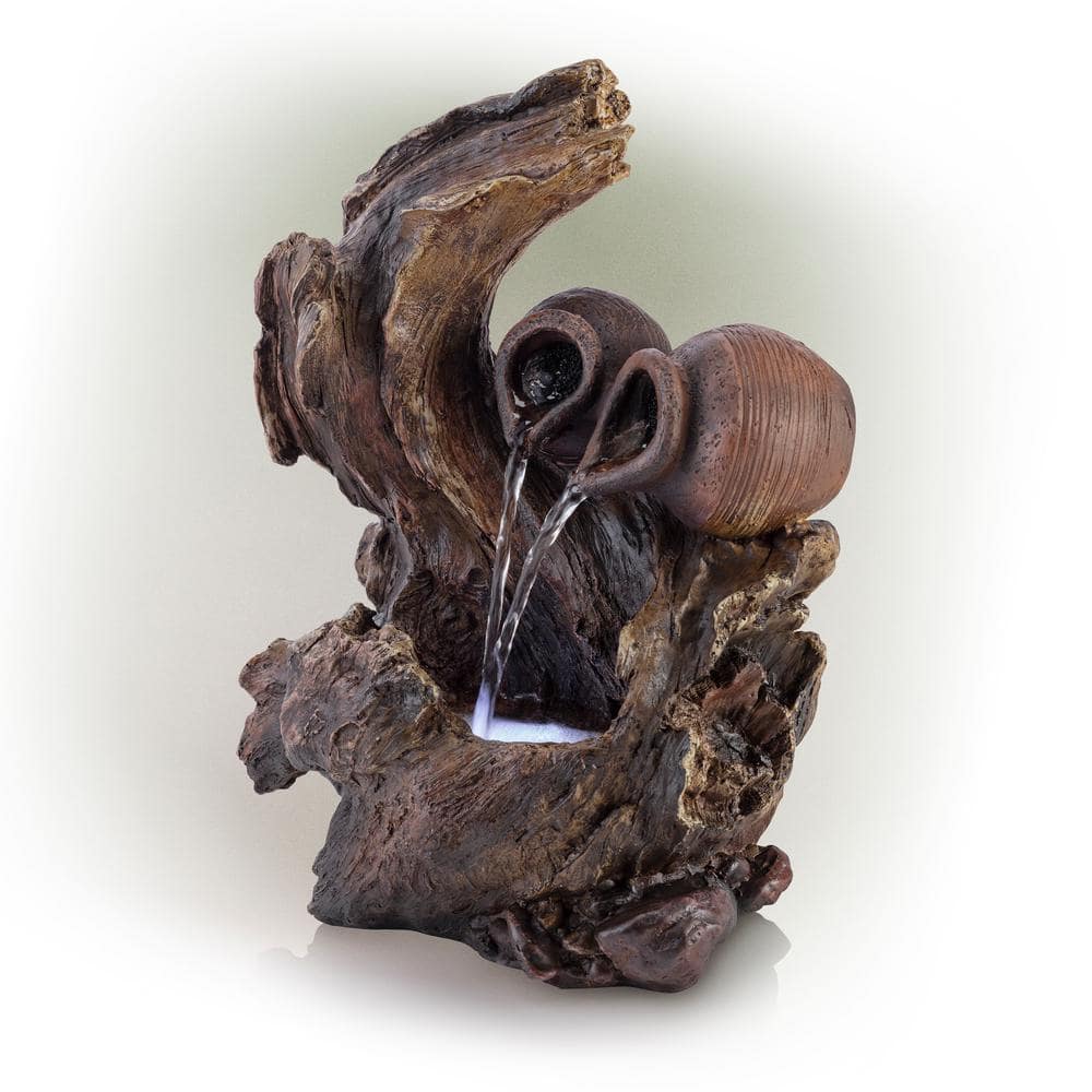 Rustic Brown Fiberglass Tabletop Fountain with LED Lights
