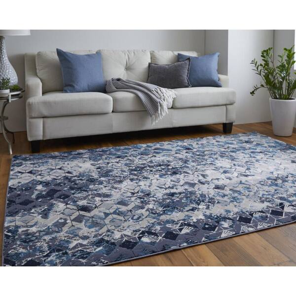 2 X 8 Blue, Ivory Geometric Area Rug