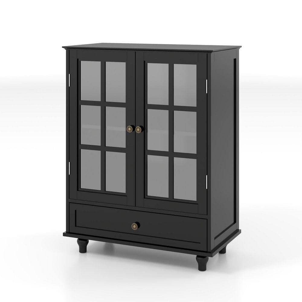 28 in. W x 15 in. D x 36 in. H Modern Wooden Storage Pantry Buffet Cabinet in Black with 2 Glass Doors and 1 Drawer