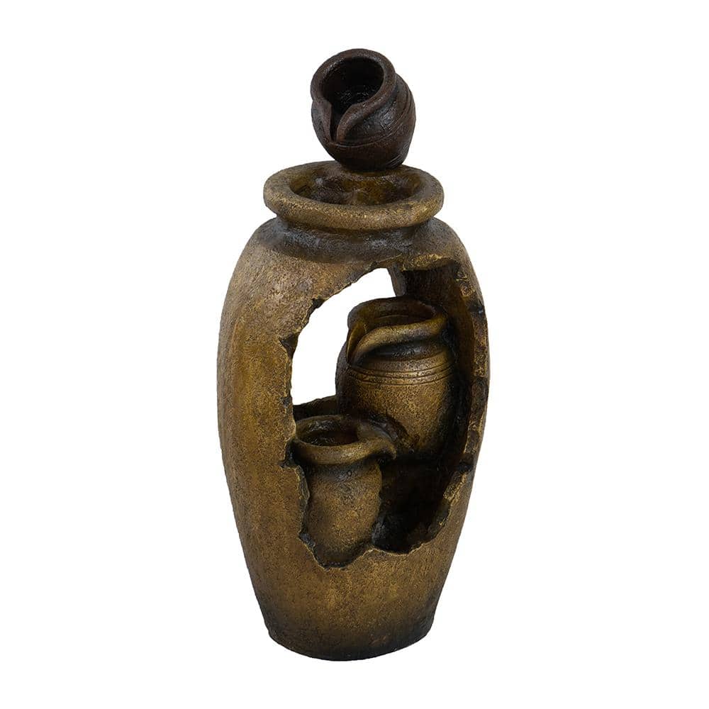 Rustic Brown Polyresin 3-Tier Pot Design Water Fountain with Light