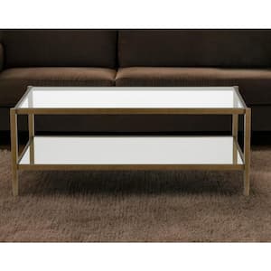 45 in. Gold Rectangle Glass Coffee Table with Shelves Storage