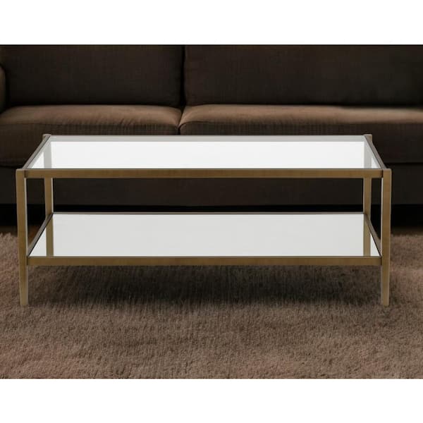 HomeRoots 45 in. Gold Rectangle Glass Coffee Table with Shelves Storage