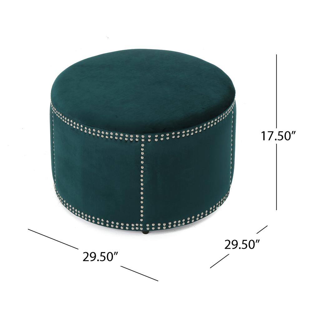 Teal Velvet Round Studded Accent Ottoman