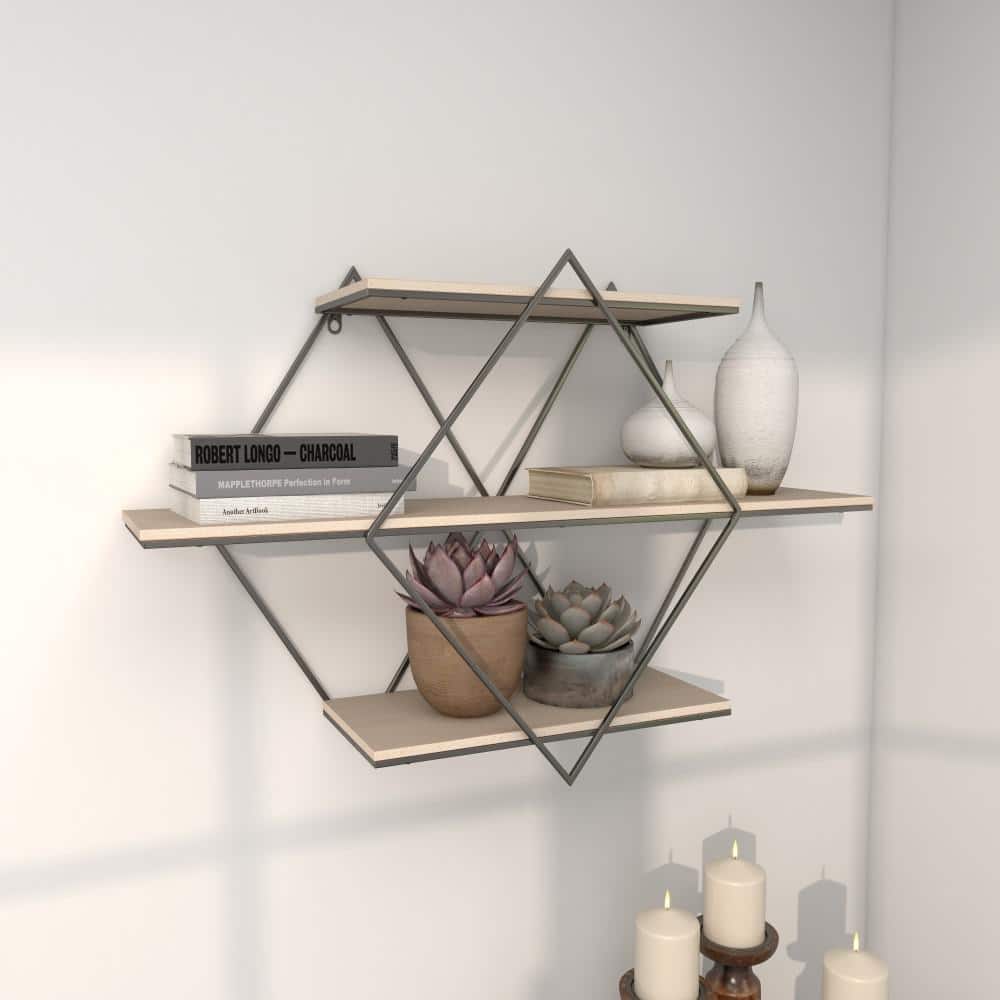 Brown Wood Geometric Wall Shelf with Metal Frame