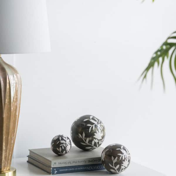 A&B Home Floral Painted Decorative Orbs - Set of 3 - Brown/White ...