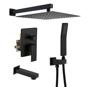 1-Spray Patterns with 2.5 GPM 12 in. Square Wall Mount Dual Shower Heads with Pressure Balance Valve in Matte Black