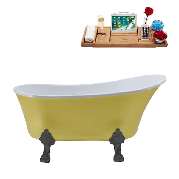Streamline 63 in. x 28.3 in. Acrylic Clawfoot Soaking Bathtub in Matte Yellow with Brushed Gun Metal Clawfeet and Matte Pink Drain