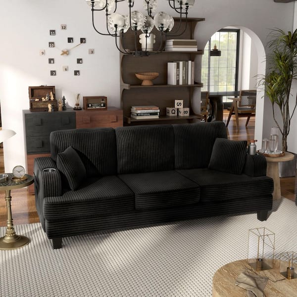 Kasin 84.3 in. Track Arm Chenille Rectangle Small Space Sofa With USB Ports And Cup Holders in Black