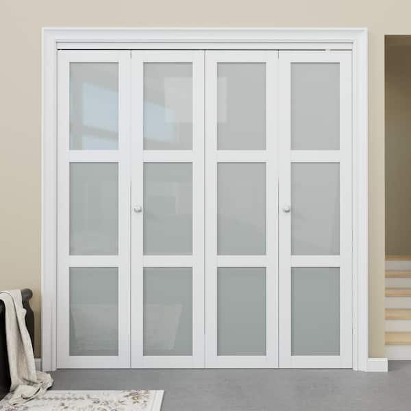 72 in. x 80 in. 3-Lite Tempered Frosted Glass Solid Core White Finished Glass Closet Bifold Door with Hardware