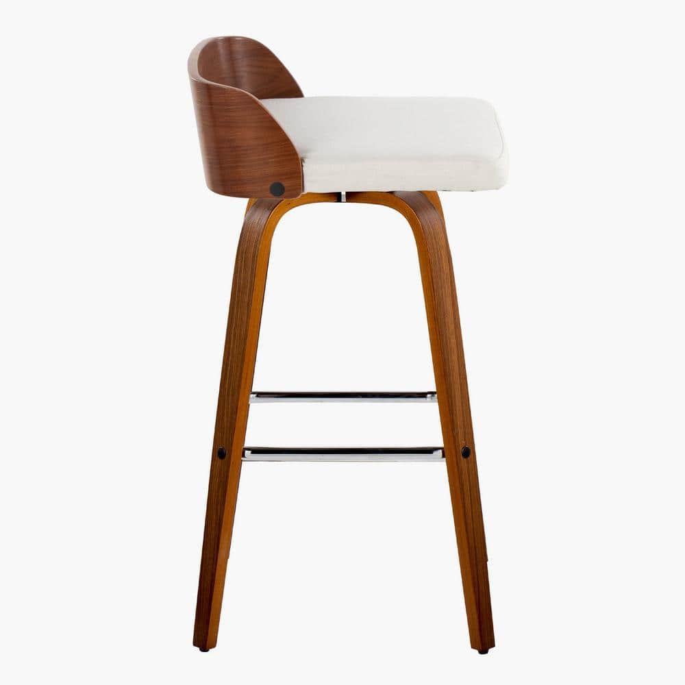 Cream Upholstered Swivel Bar Stool with Wood Backrest