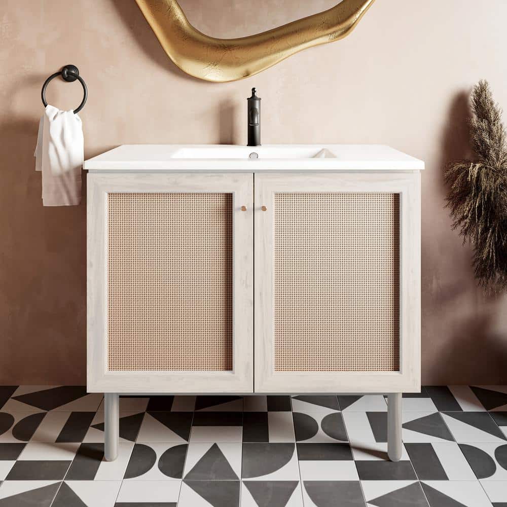 White Oak and Rattan Freestanding Bathroom Vanity Cabinet