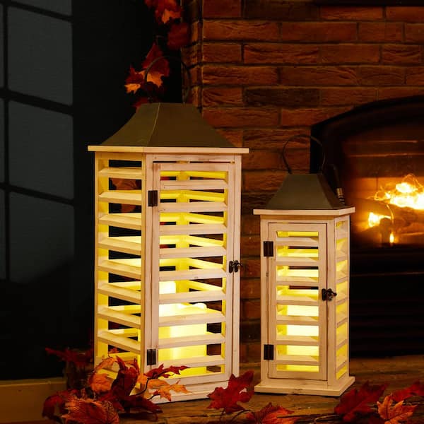 29.5 in. and 36 in. Backyard Expressions White Indoor/Outdoor Wooden Lantern Set (2-Pack)