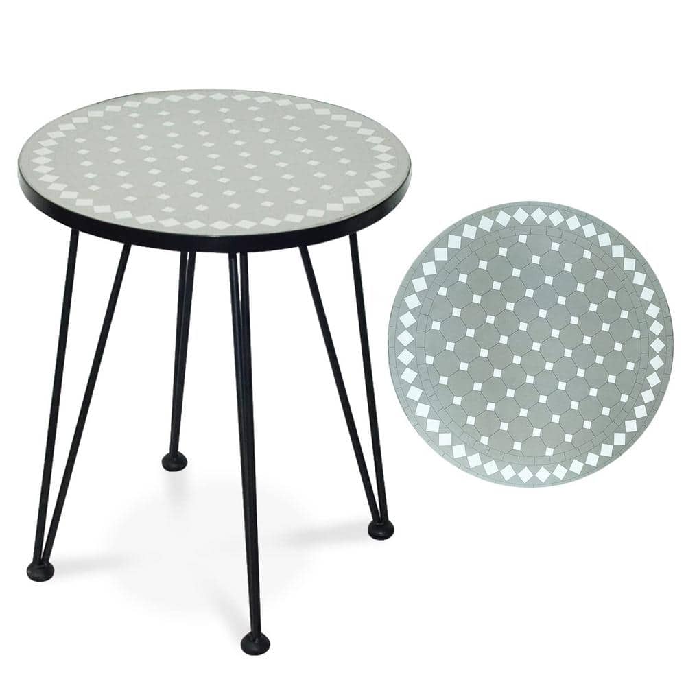 17.7 in. Grey Round Outdoor Porch Table with Gloss Sandstone Top and Storag
