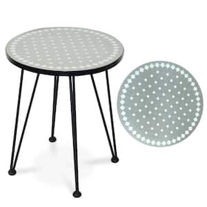 17.7 in. Grey Round Outdoor Porch Table with Gloss Sandstone Top and Storage Small End Coffee Tables with Iron Legs