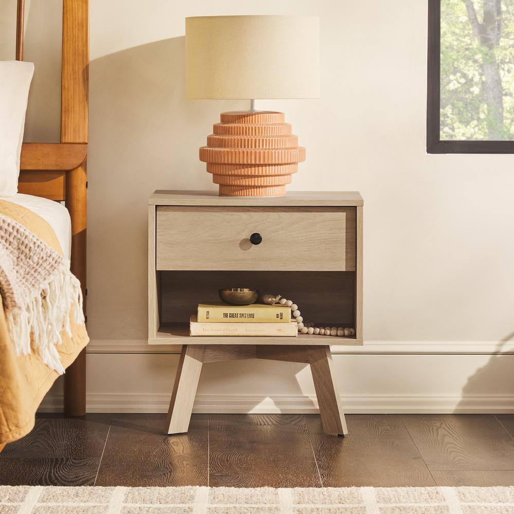 1-Drawer Coastal Oak Wood Mid-Century Modern Storage Nightstand, Set of 2