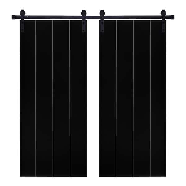 AIOPOP HOME Modern Verticalline Designed 48 in. x 80 in. MDF Panel Black Painted Double Sliding Barn Door with Hardware Kit