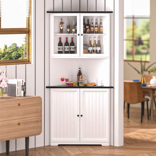 Corner Pantry Organizer Cabinet with Adjustable Shelves and Glass Doors in White