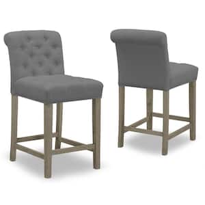 24 in. Aleen Grey Fabric with Roll Back Design and Tufted Buttons Counter Stool (Set of 2)