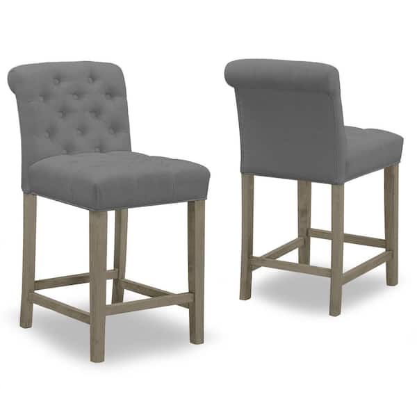 Glamour Home 24 in. Aleen Grey Fabric with Roll Back Design and Tufted Buttons Counter Stool (Set of 2)