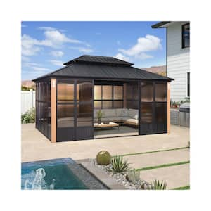 12 ft. X 16 ft. Sunroom Hardtop Gazebo Solarium Galvanized Steel Double Roof Aluminum Screen House Patio Backyard Brown