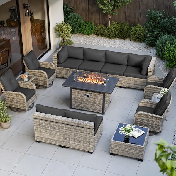 14-Piece Wicker Patio Conversation Set with Fire Pit Table and Top Table. Swivel Rocking Chairs with Dark Gray Cushions
