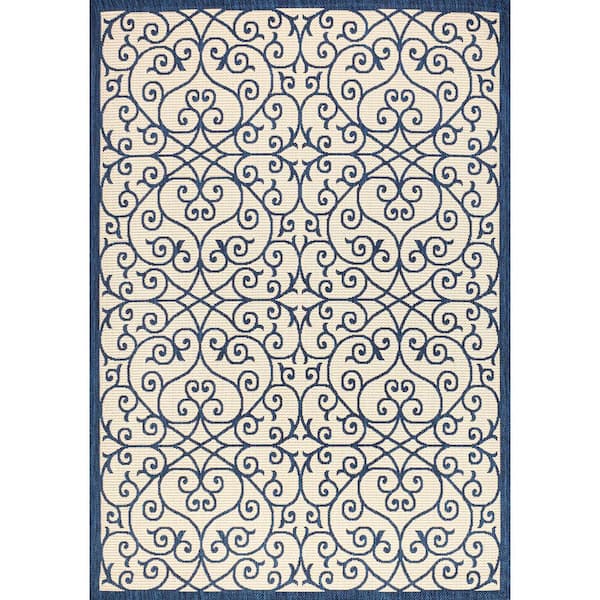 Madrid Vintage Filigree Textured Weave Navy/Beige 8 ft. x 10 ft. Indoor/Outdoor Area Rug
