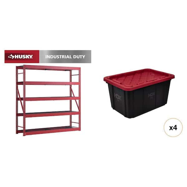 90 in. W 5-Shelf Red Metal Shelving Unit, 27 Gal. Black and Red Storage Tote (4-Count) Combo