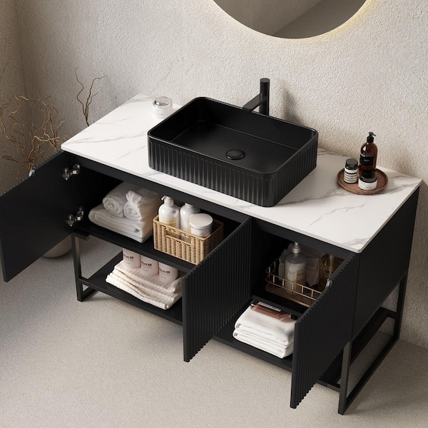 48 in. Single Sink Freestanding Black Bath Vanity with White Sintered Stone Top and Storage Cabinet Assembled