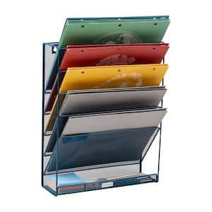 16 in. H x 4 in. W x 12.75 in. D Vertical File Storage Desktop Organizer Angled Wall Mount Metal Turquoise