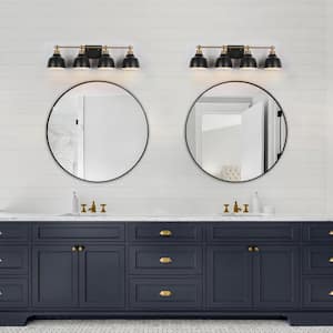 Modern Bathroom Vanity Light 29 in. 4 Light Black Vintage Wall Sconce with Plated Brass Finish & White Inner Bell Shades